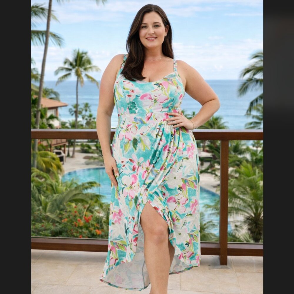 Torrid Floral Faux Wrap Midi Dress 3X 22 24 Blue Studio Knit V-Neck Slit Stretch